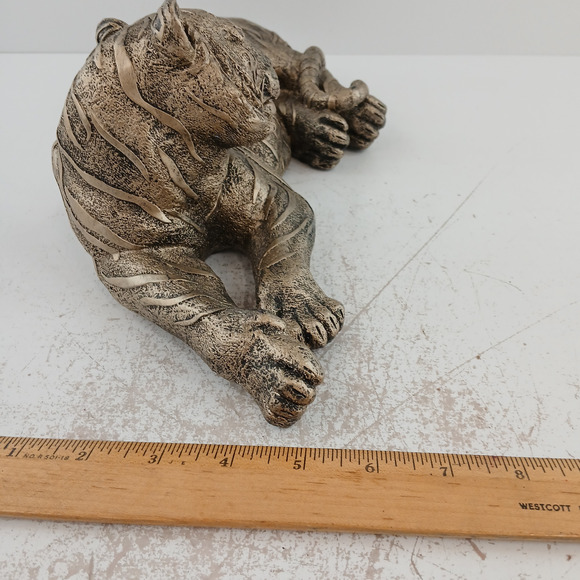 Tiger Resting Sculpture Silver Tone Wild Animal Art Statue Lying Big Cat Decor - Picture 10 of 11